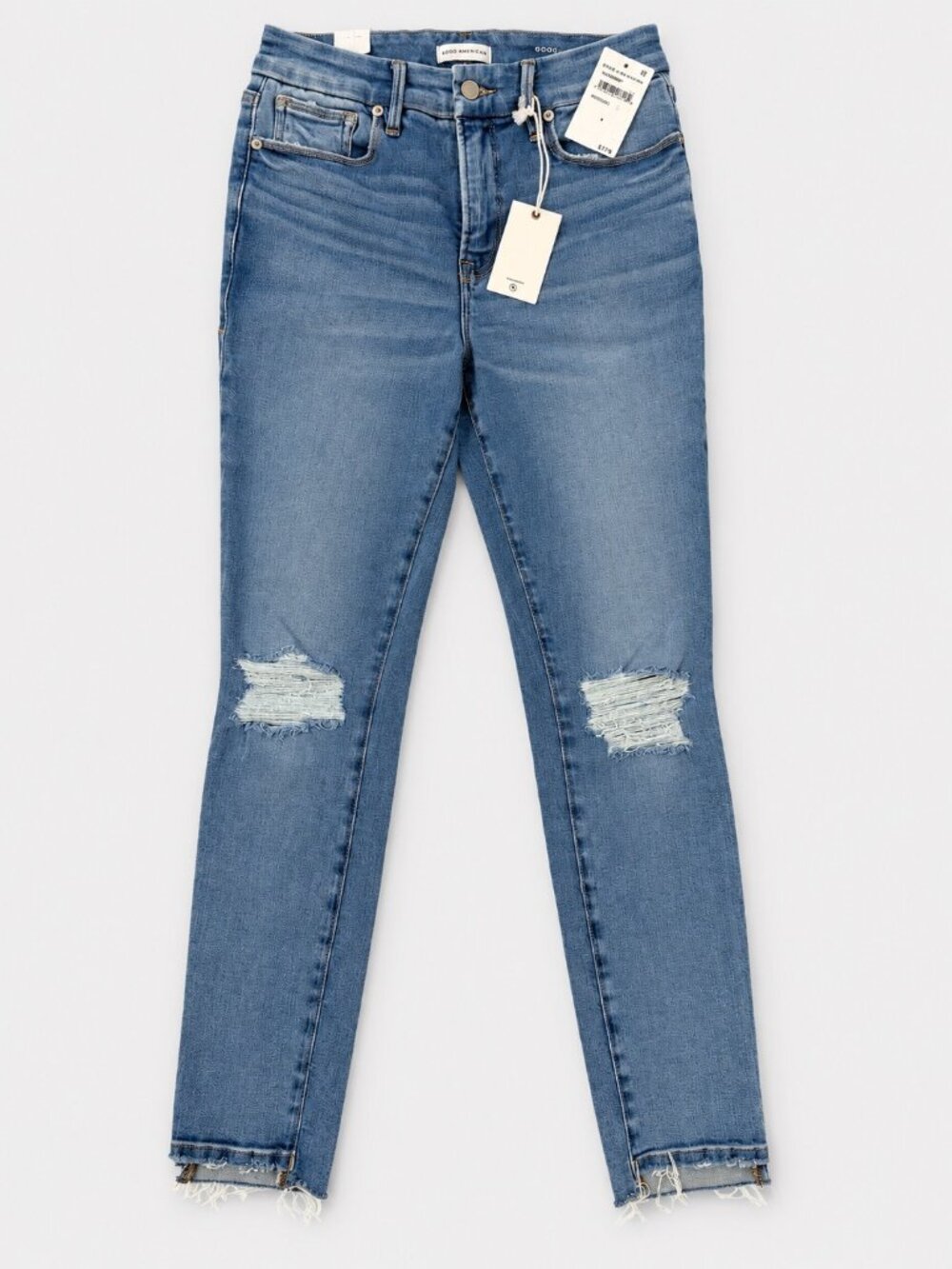 NWT Good American Good Legs Step Mid Rise Skinny Jeans Raw Hem Blue Size 8